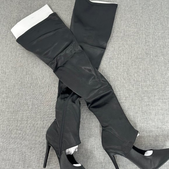 Anne Michelle Womens Over The Knee‎ Boots Size 6 Black Stiletto Pointy Toe Satin - Picture 7 of 11